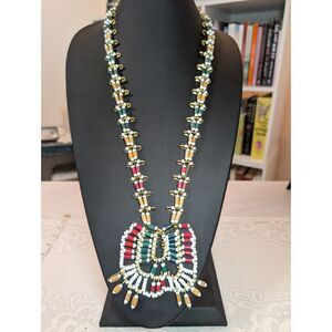 Vintage Handmade Gold Safety Pin & Beaded Statement Bib Necklace OOAK